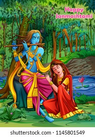 Vector design of Lord Krishna playing bansuri (flute) with Radha on Happy Janmashtami holiday festival background