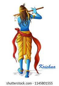 Vector design of Lord Krishna playing bansuri (flute) on Happy Janmashtami holiday festival background