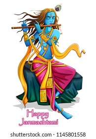 Vector design of Lord Krishna playing bansuri (flute) on Happy Janmashtami holiday festival background