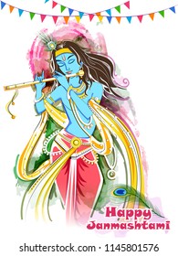 Vector design of Lord Krishna playing bansuri (flute) on Happy Janmashtami holiday festival background