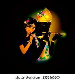 Vector design of Lord Krishna playing bansuri (flute) with Radha on Happy Janmashtami holiday festival background