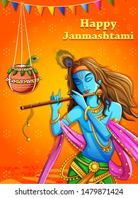 Vector design of Lord Krishna playing bansuri (flute) on Happy Janmashtami holiday festival background