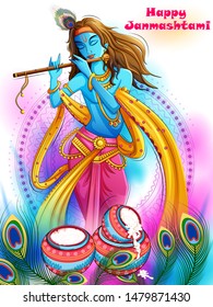Vector design of Lord Krishna playing bansuri (flute) on Happy Janmashtami holiday festival background