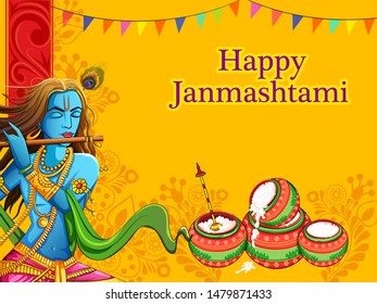 Vector design of Lord Krishna playing bansuri (flute) on Happy Janmashtami holiday festival background