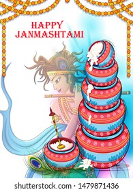 Vector design of Lord Krishna playing bansuri (flute) on Happy Janmashtami holiday festival background