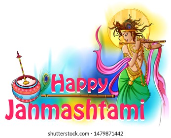 Vector design of Lord Krishna playing bansuri (flute) on Happy Janmashtami holiday festival background