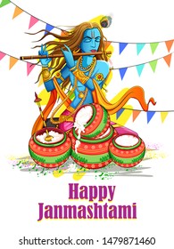Vector design of Lord Krishna playing bansuri (flute) on Happy Janmashtami holiday festival background
