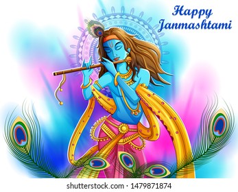 Vector design of Lord Krishna playing bansuri (flute) on Happy Janmashtami holiday festival background