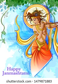 Vector design of Lord Krishna playing bansuri (flute) on Happy Janmashtami holiday festival background