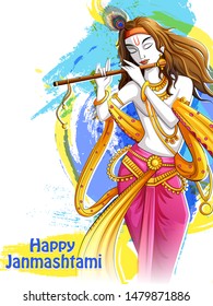 Vector design of Lord Krishna playing bansuri (flute) on Happy Janmashtami holiday festival background