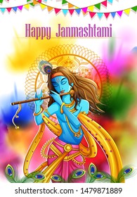 Vector design of Lord Krishna playing bansuri (flute) on Happy Janmashtami holiday festival background