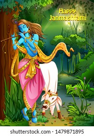 Vector design of Lord Krishna playing bansuri (flute) on Happy Janmashtami holiday festival background