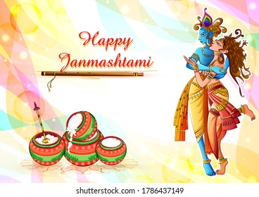 Vector design of Lord Krishna playing bansuri (flute) with Radha on Happy Janmashtami holiday festival background