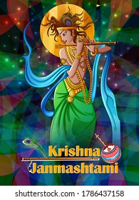 Vector design of Lord Krishna playing bansuri (flute) on Happy Janmashtami holiday festival background