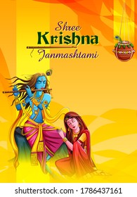 Vector design of Lord Krishna playing bansuri (flute) with Radha on Happy Janmashtami holiday festival background