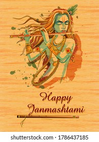 Vector design of Lord Krishna playing bansuri (flute) on Happy Janmashtami holiday festival background
