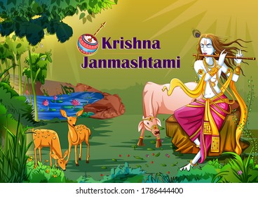 Vector design of Lord Krishna playing bansuri (flute) on Happy Janmashtami holiday festival background
