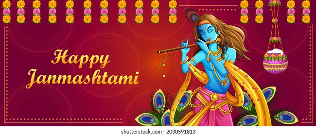 Vector design of Lord Krishna playing bansuri (flute) on Happy Janmashtami holiday festival background