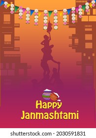 Vector design of Lord Krishna playing bansuri (flute) on Happy Janmashtami holiday festival background