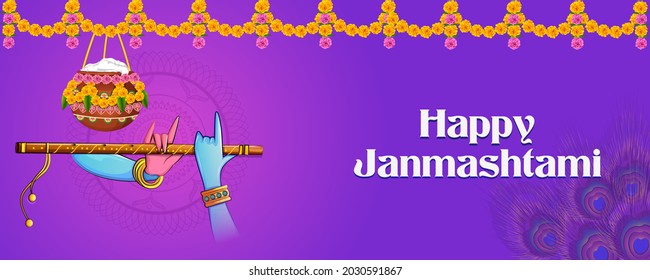 Vector design of Lord Krishna playing bansuri (flute) on Happy Janmashtami holiday festival background
