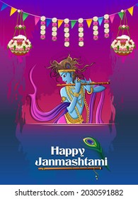 Vector design of Lord Krishna playing bansuri (flute) on Happy Janmashtami holiday festival background