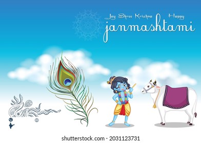 Vector design of Lord Krishna playing bansuri (flute) Happy Janmashtami holiday festival background 
