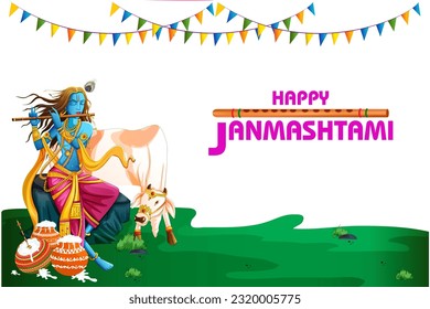 Vector design of Lord Krishna playing bansuri (flute) on Happy Janmashtami holiday festival background