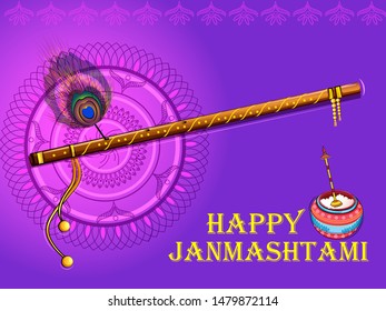 Vector design of Lord Krishna's bansuri (flute) on Happy Janmashtami holiday festival background