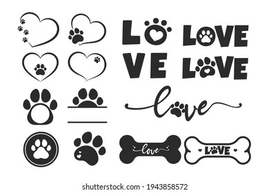 Vector design loves dogs. Heart, bone and floating dog feet for pet supplies stores.