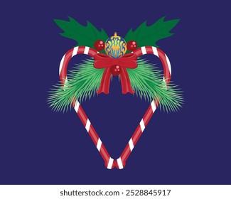 vector design of a love-shaped candy stick with a red ribbon and green leaves for Christmas ornaments or knick-knacks on a dark blue background