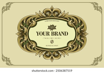 vector design luxury landscape frame vintage classic green baroque style ornament decoration for product design, labels, stickers, merchandise, posters and for your company or brand