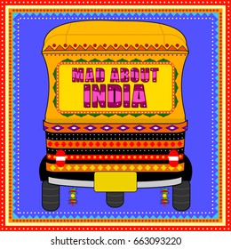 Vektordesign von Mad About India Hintergrund im indischen Truck Art Stil