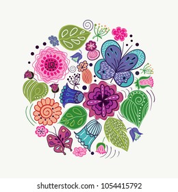 Vector design made of natural elements. Set of flowers, leaves and butterflies stylized in folk style. Floral  doodle pattern