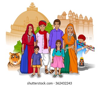 Vector design of Madhya Pradeshi family showing culture of Madhya Pradesh, India