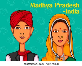 Vector design of Madhya Pradeshii Couple in traditional costume of Madhya Pradesh, India