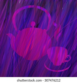 Vector design magenta and violet pattern. Hand drawing. Herbal tea set.