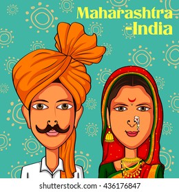 Vector design of Maharashtrian Couple in traditional costume of Maharashtra, India