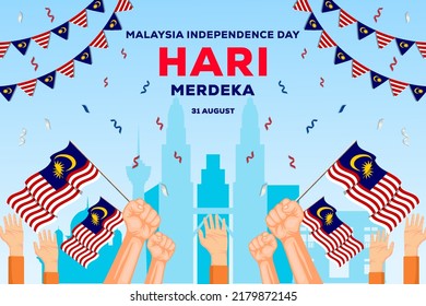 vector design malaysia independence day 31 august background illustration with hands holding malaysian flags