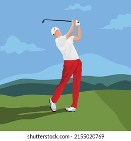 A vector design of a male golf player in a green field