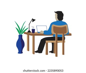 vector design of a man in a blue shirt and black pants sitting in a chair doing office work with a laptop on a desk and beside him a coffee cup and a table lamp and a vase of flowers beside him