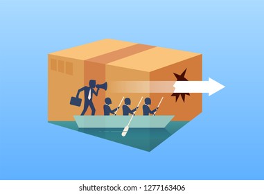 Vector design of a man with businesspeople on boat sailing out of box following special strategy