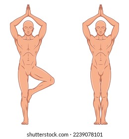 Vector design of man doing fitness and pilates exercise, man meditating doing yoga