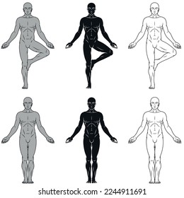 Vector design of man doing fitness and pilates exercise, man meditating doing yoga