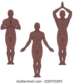 Diseño vectorial del hombre haciendo ejercicio físico y pilates, el hombre meditando en hacer yoga