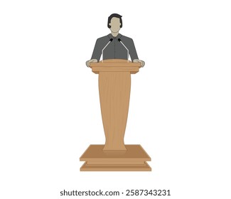 vector design of a man dressed in a black suit standing on a podium made of brown wood appearing to be giving a speech or information