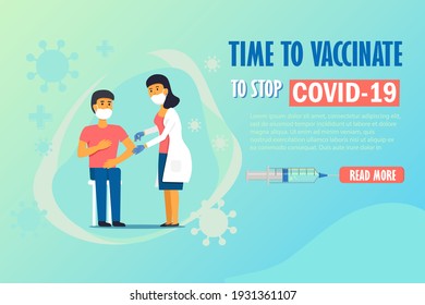 Vector Design Of A Man Getting Vaccination Of COVID -19 Vaccine By A Doctor, Coronavirus Protection And Treatment, Web Banner Template 