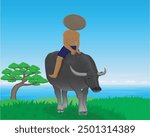 vector design of a man in a hat riding a buffalo on a grass background, a view of a tree and the sky and blue sea