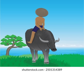 vector design of a man in a hat riding a buffalo on a grass background, a view of a tree and the sky and blue sea