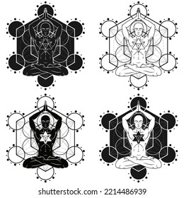 Diseño vectorial del Hombre Meditando en posición de loto con y Merkaba, hombre haciendo yoga y figura de metatrón en el fondo