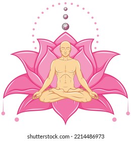 Vector design of Man Meditating in lotus position, man doing yoga and lotus flower in background